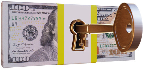 Keyhole and key on $100 money stack. 3D Illustration, isolated on Transparent PNG background. Making money, difficulty, taxes, loans, bank loan and economy concept.