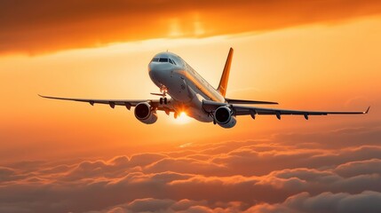 Fototapeta na wymiar The plane fly toward the setting sun. Beautiful illustration picture. Generative AI