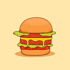 double meat with melting cheese burger illustration vector, food cartoon illustration of extra big burger for burger day campaign