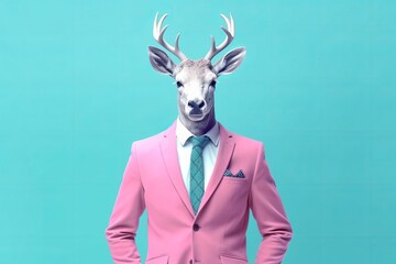 Hipster deer with human's body in the colorful fashionable clothes. Beautiful illustration picture. Generative AI