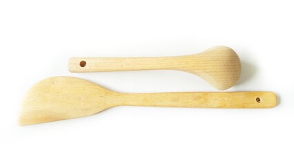 Wooden spatula and cooking spoons. Utensils for the kitchen prepare to cooking food isolated on white background