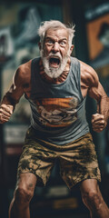 Fototapeta na wymiar Senior, Elderly people training box, gritty gym, in shorts and dirty tank top, graffiti background, all psyched up and euphoric, frozen action pose, hypebeast. Generative AI