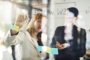 Hands of business people, teamwork and glass writing on for schedule notes, mindmap and planning...