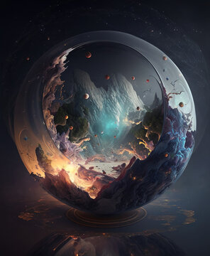 New world is creating inside a crystal ball. Miniature Universe with Stars, Galaxies, Planets, Nebulae. Big Bang Concept. Science Fiction, Fantasy, Outer Space Landscape. AI Generated
