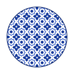 Porcelain plate with traditional blue on white design in Asian style. design pattern for background, plate, dish, bowl, lid, tray, salver, vector illustration art embroidery. Moroccan star and cross.