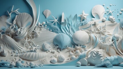 Generative Ai. Seashells on a blue background
