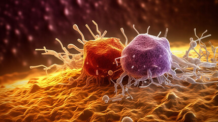 Macrophages in fight with bacteria , on brown background, extreme super Electron microscope macro, AI-Genereted