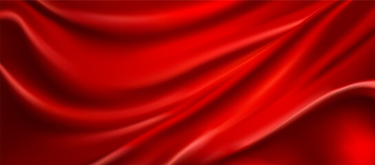 Realistic red silk top view vector background. Elegant and soft royal backdrop of shine flowing surface. Red luxurious background design. Vector illustration