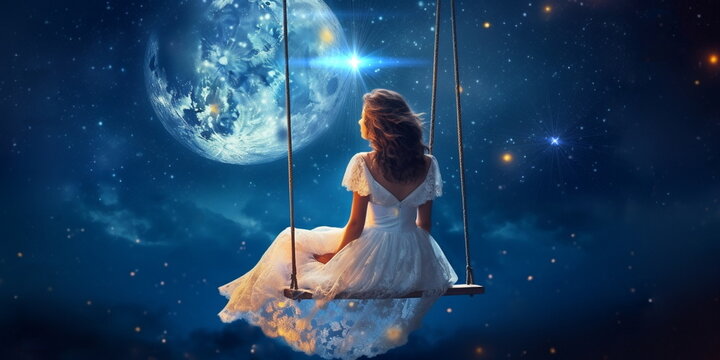  woman on white dress sits on a swing night starry sky and moon ,generated ai