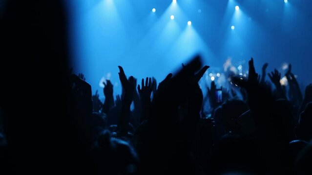 The happy crowd in a concert hall. Silhouettes of raised hands