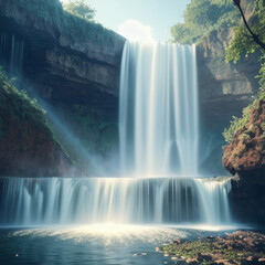 Beautiful illustration of a waterfall cascade in nature along a flowing river