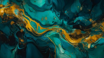 Modern fluid art with blue and golden paint. Alcohol ink painting background. Generative AI.