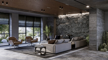Mountain Rock Wall in modern living room interior. Natural indoor stone wall and furniutre, 3d rendering 