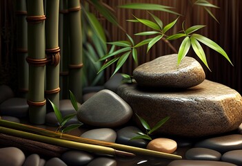 Obraz na płótnie Canvas Bamboo and stones in a wellness spa. Spa still life with bamboo fountain and zen stone Generative AI.