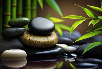 Fototapeta na wymiar Bamboo and stones in a wellness spa. Spa still life with bamboo fountain and zen stone Generative AI.