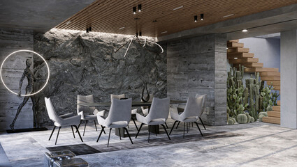 Mountain Rock Wall in modern living room interior. Natural indoor stone wall and furniutre, 3d rendering 