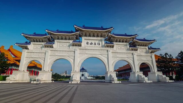 TAIWAN, TAIPEI - MAY, 2023: Timelapse top view of National Chiang Kai shek Memorial Hall in Taipei downtown, Memorial library on the Liberty square. Skyscrapers and high-rise buildings on background.