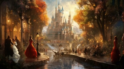 Fairy tale scene with castle in autumn. Generative AI