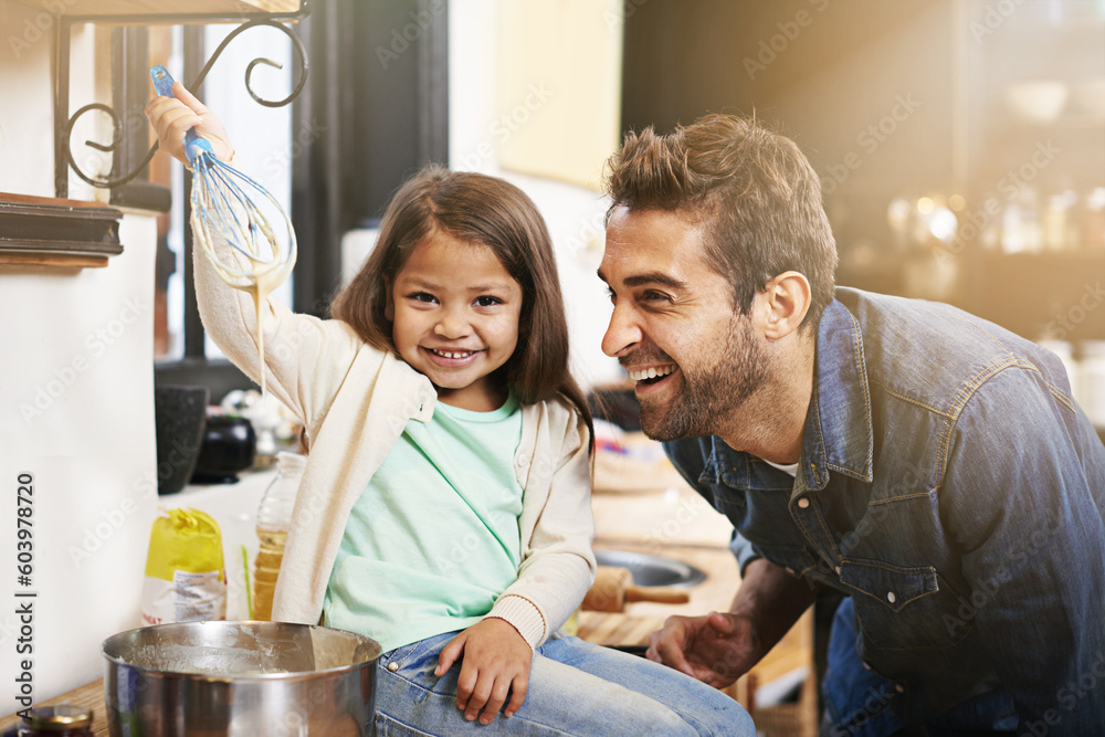 Sticker Pancakes, breakfast and cooking with father and daughter in kitchen for smile, bonding and learning. Food, morning and helping with man and young girl in family home for baking, support and nutrition