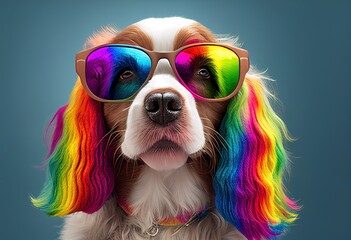 Cartoon colorful dog with sunglasses on blue background. Generative AI.
