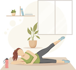 Obraz premium Vector illustration of a girl exercising sports at home. The concept of a healthy lifestyle, sports at home. Image for sports design, stickers, web design elements, banners.