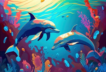 Dolphins swim in the sea. Colorful summer template. Generative AI.