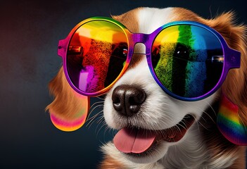 Cartoon colorful dog with sunglasses on black  background. Generative AI.