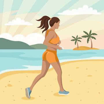 Vector illustration of a sports girl running on the beach against the background of the sea. The concept of a healthy lifestyle, outdoor sports. Image for sports design, web design, banners.