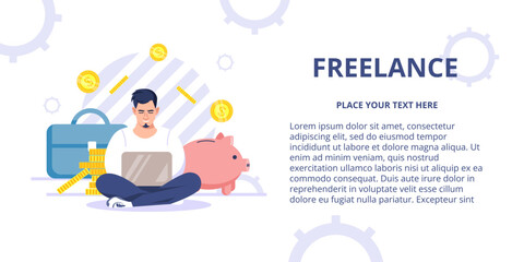 A young businessman is working on a laptop. Employee, freelancer. Business icons in the background. The concept of remote work or work at home. Vector web banner with text