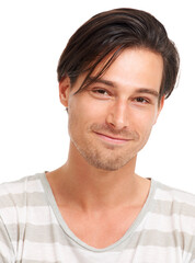 Obraz premium Youth, smile and portrait of man in studio for casual, trendy and cool fashion. Happiness, edgy and confidant with face of Italian model isolated on white background for young, happy and style