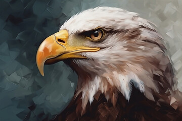 Closeup profile of North American bald eagle against USA flag. The 4th of July celebration