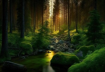 Green forest and forest stream at sunset. Generative AI.