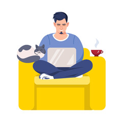The concept of remote work or work at home. A freelancer working at home on a laptop with a cat and a cup of coffee. Vector flat illustration on a white background