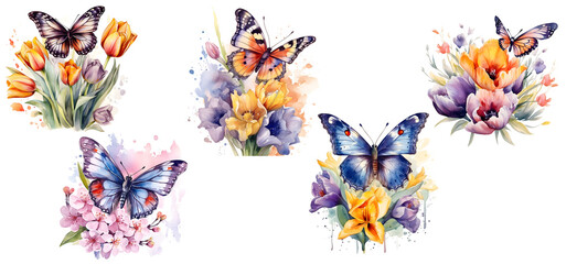 Obraz na płótnie Canvas Watercolor Spring Flower with Butterfly, isolated, generated ai