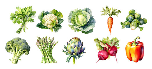 Watercolor vegetables Set with transparent background, generated ai