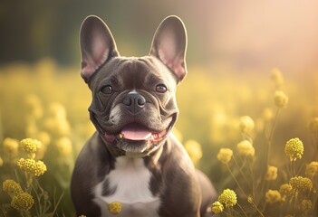 Portrait of a cute happy Bulldog in field. Generative AI.