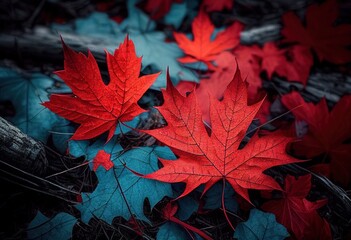 Red autumn maple leaves laying on the forest ground. Generative AI.