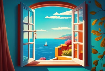 Great view from the window to the sea on a sunny day. Colorful summer template. Generative AI.