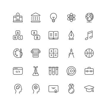 Outline style ui icons education and school class collection. Vector black linear icon illustration set. Science subject, building, art and book symbol. Design element for stem, biology, chemistry