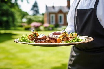 Luxury plate with appetisers served by a waiter at an exquisite event outdoors, fine dining, post-processed, generative ai