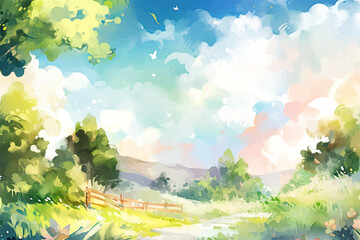 Fototapeta na wymiar Vector watercolor summer landscape banner