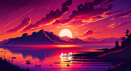 Fototapeta na wymiar A serene illustration capturing the beauty of a sunset over a lake, featuring a mesmerizing display of vibrant shades of orange, pink, and purple in the sky, generative ai