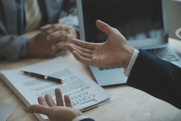 Customer service good cooperation, Consultation between a Businessman and Male lawyer or judge consult having team meeting with client, Law and Legal services concept.