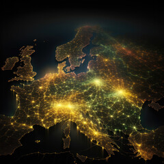 A satellite image of Earth at night shows the bright lights of cities in Europe, while the rest of the continent, as well as Russia, the Mediterranean, and the Middle East