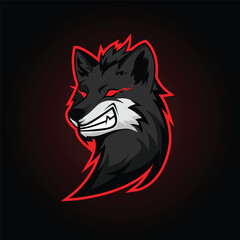 Wolf e sports mascot logo with red outline and naughty grin on the face. Wolf head pfp can be used by players who play aggressive games and stream live having a fan base on streaming sites