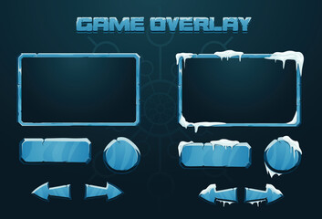 Frozen stream overlay for gamers and game makers. blue icy frame can be used as facecam live cam border while streaming. buttons and arrows with cracked surface and snow on top shows winter season