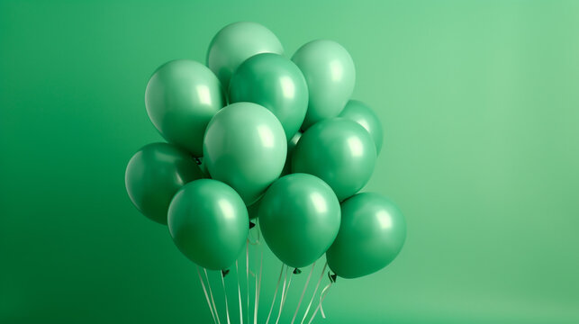A generative AI image of green helium party balloons floating on a green background