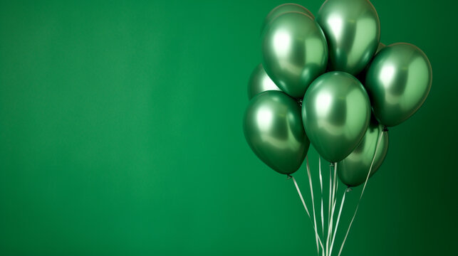 A generative AI image of green helium party balloons floating on a green background