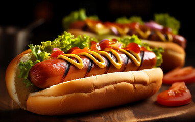 Hot-dog with sausage ketchup and mustard close up photo. Food Photography