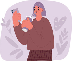 Vector illustration of Girl Drinking from a Cup Using a Straw and using her phone